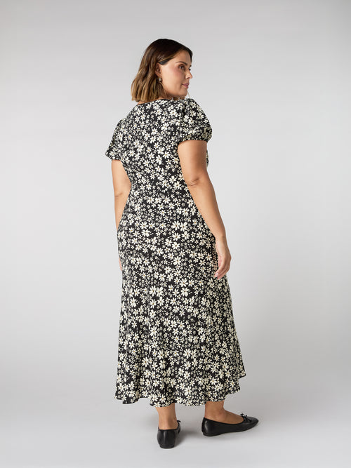 Petite Black Floral Puff Sleeve Midi Dress