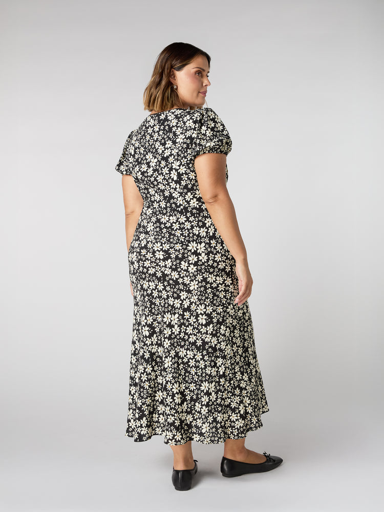 Black Floral Puff Sleeve Midi Dress