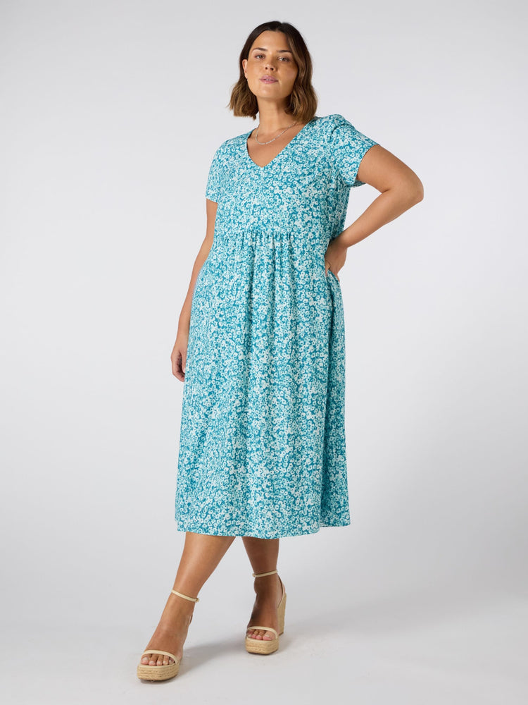 Blue Ditsy Short Sleeve Midi Dress