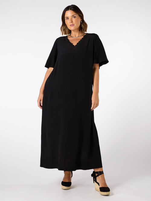 Black V Neck T-Shirt Dress Scallop Rib