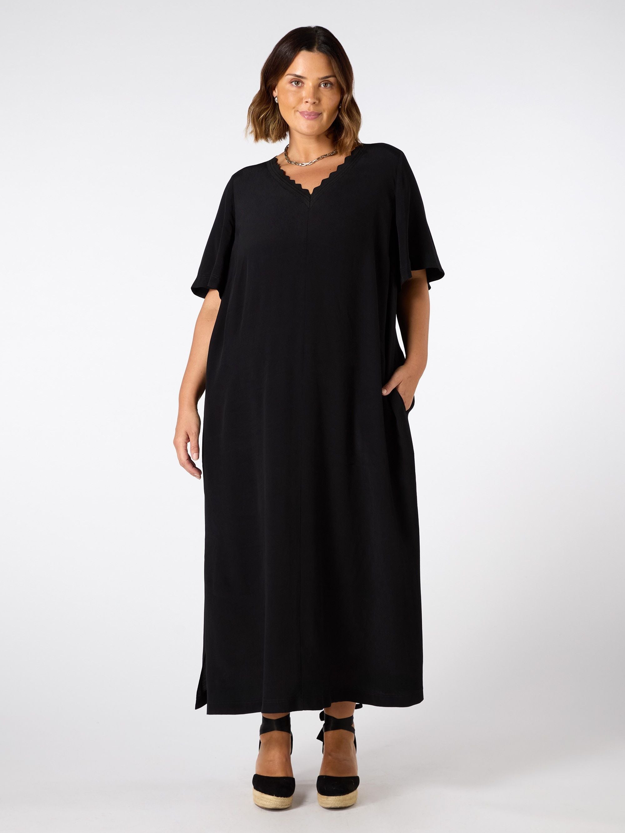 Black V Neck T-Shirt Dress Scallop Rib