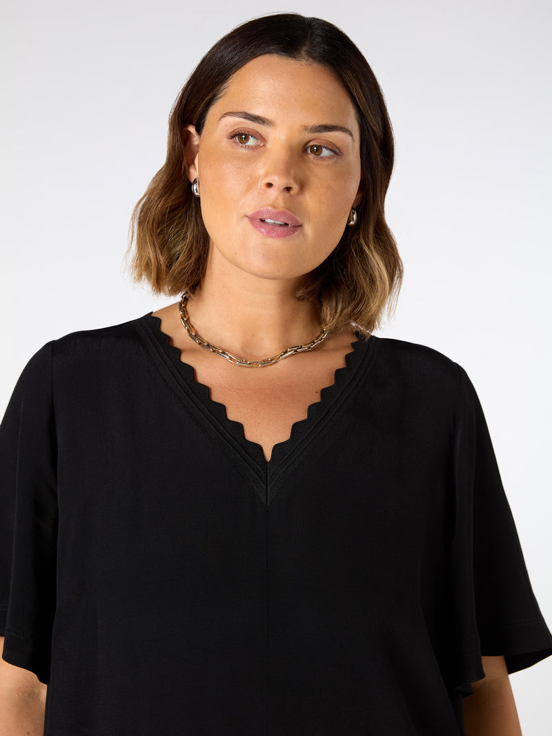 Black V Neck T-Shirt Dress Scallop Rib