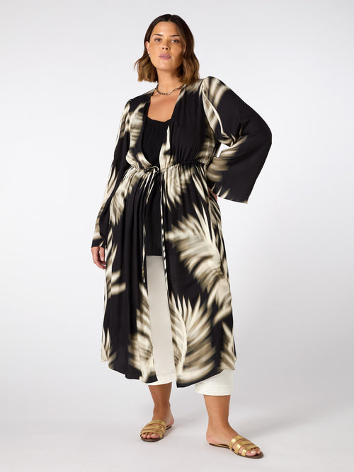 Leaf Print Longline Drawstring Kimono