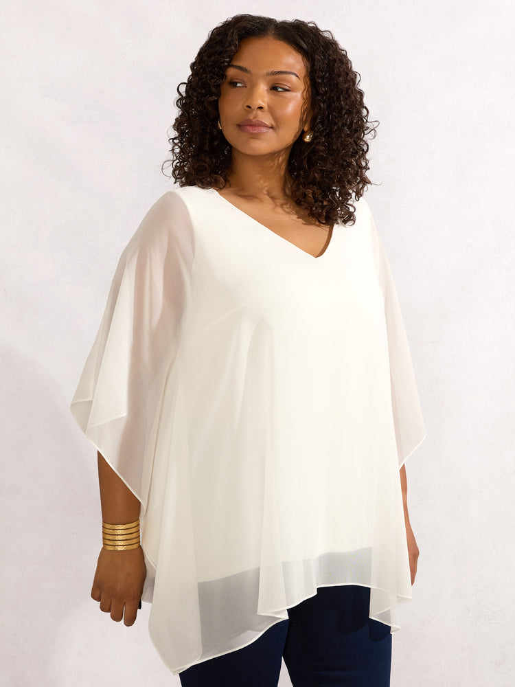 Ivory Chiffon V Neck Overlay Top