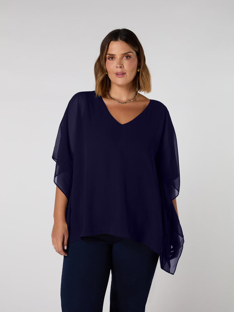 Navy Chiffon V Neck Overlay Top