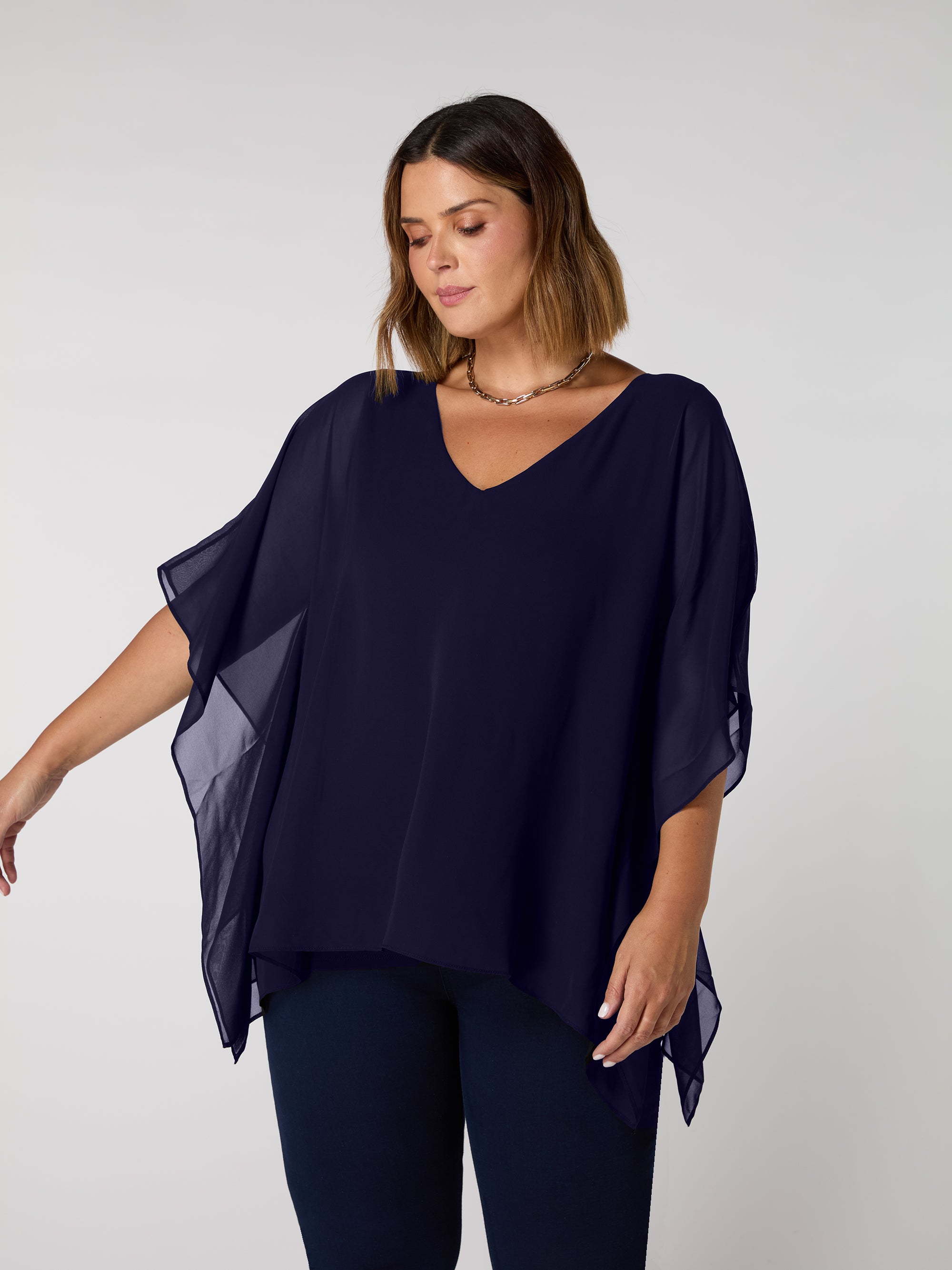 Navy Chiffon V Neck Overlay Top