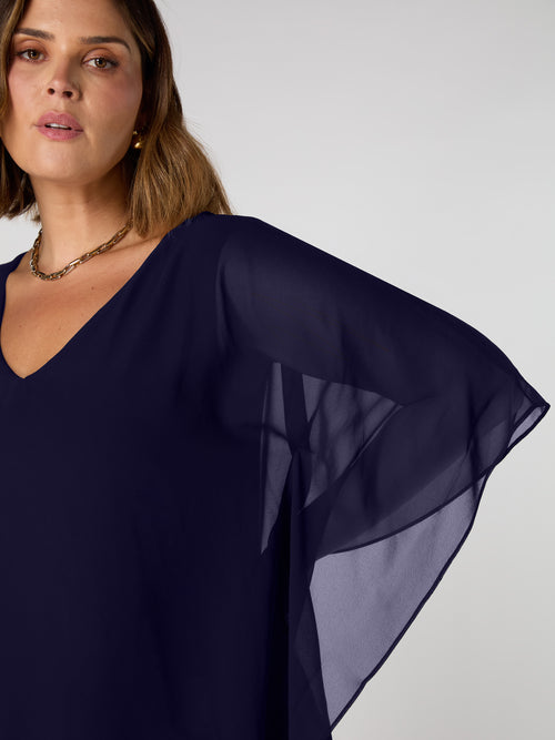 Navy Chiffon V Neck Overlay Top