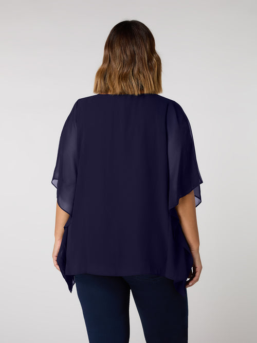 Navy Chiffon V Neck Overlay Top