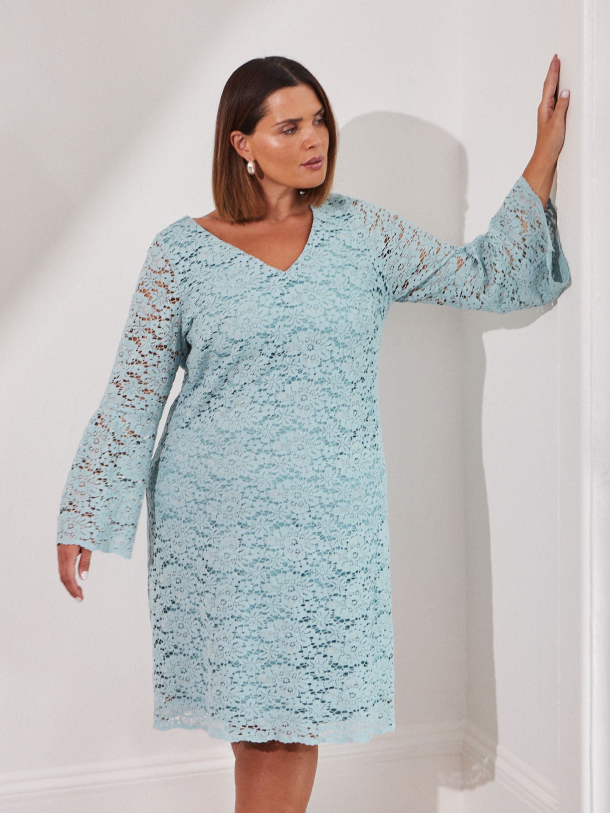 Light Blue Lace Dress With Flute Sleeve