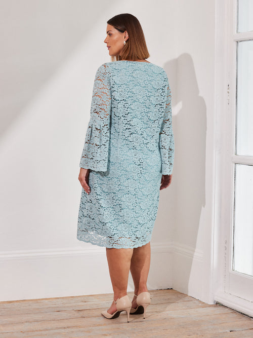 Light Blue Lace Dress With Flute Sleeve