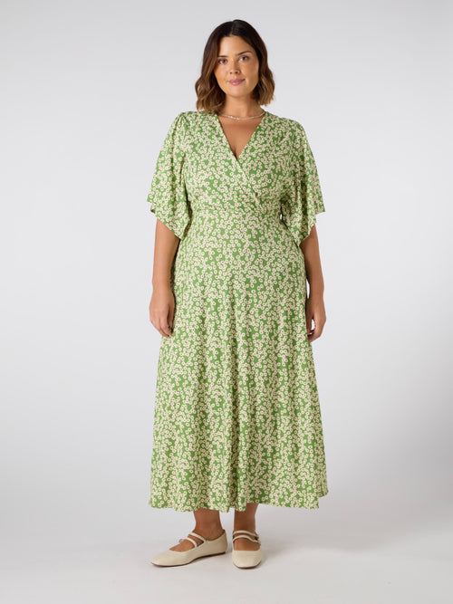 Green Ditsy Jersey Angel Sleeve Wrap Dress