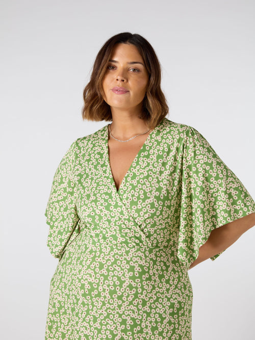 Green Ditsy Jersey Angel Sleeve Wrap Dress