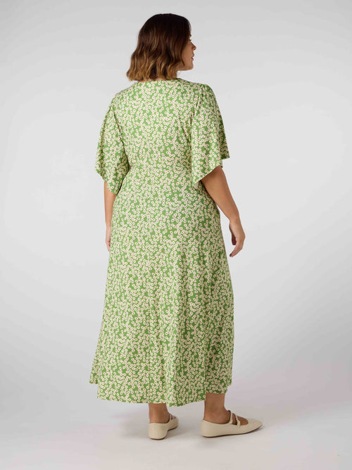 Green Ditsy Jersey Angel Sleeve Wrap Dress