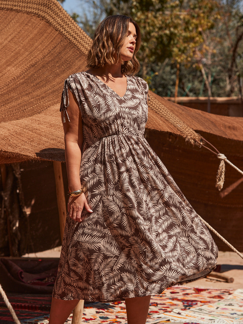 Chocolate Leaf Print Drawstring Midi Dress