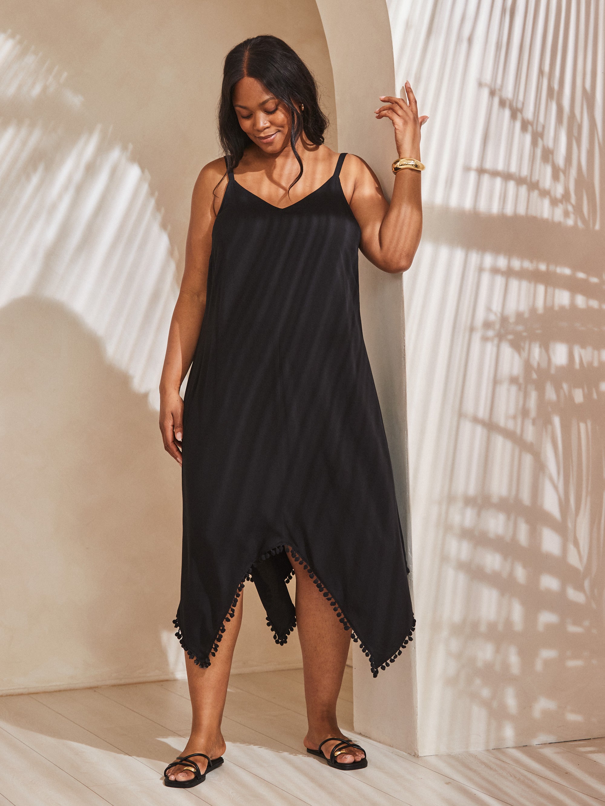 Black Pom Pom Hanky Hem Dress