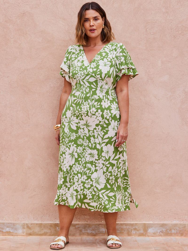Green Floral Flutter Sleeve Dress