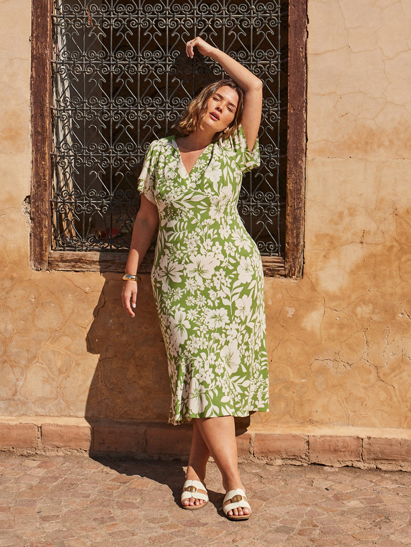Green Floral Flutter Sleeve Dress