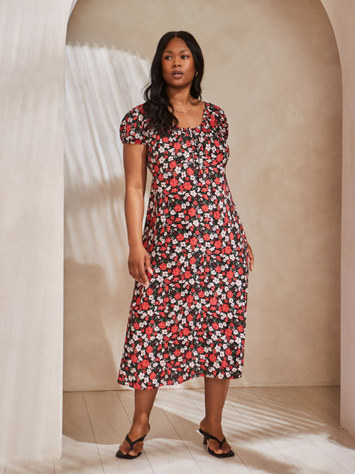 Red Floral Gathered Neck Midi Dress