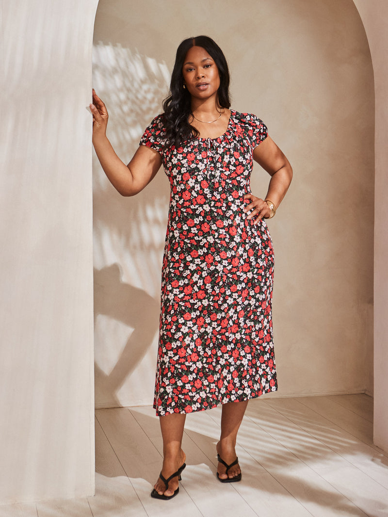 Red Floral Gathered Neck Midi Dress