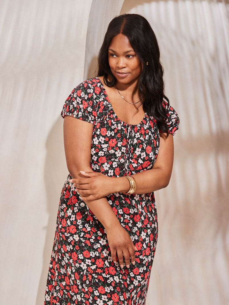 Red Floral Gathered Neck Midi Dress