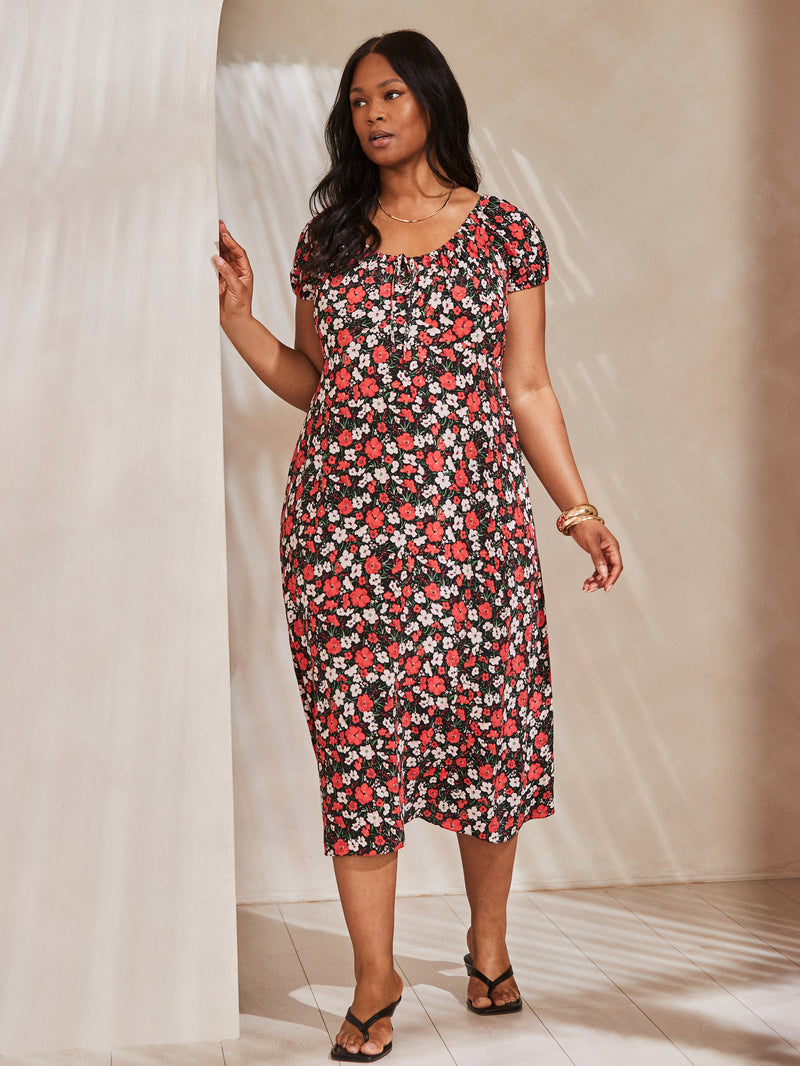 Red Floral Gathered Neck Midi Dress