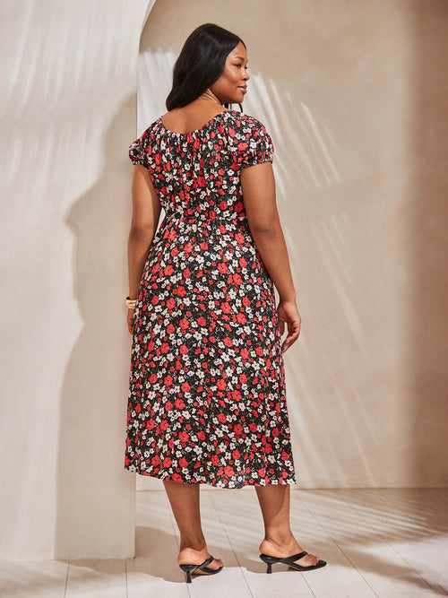 Red Floral Gathered Neck Midi Dress