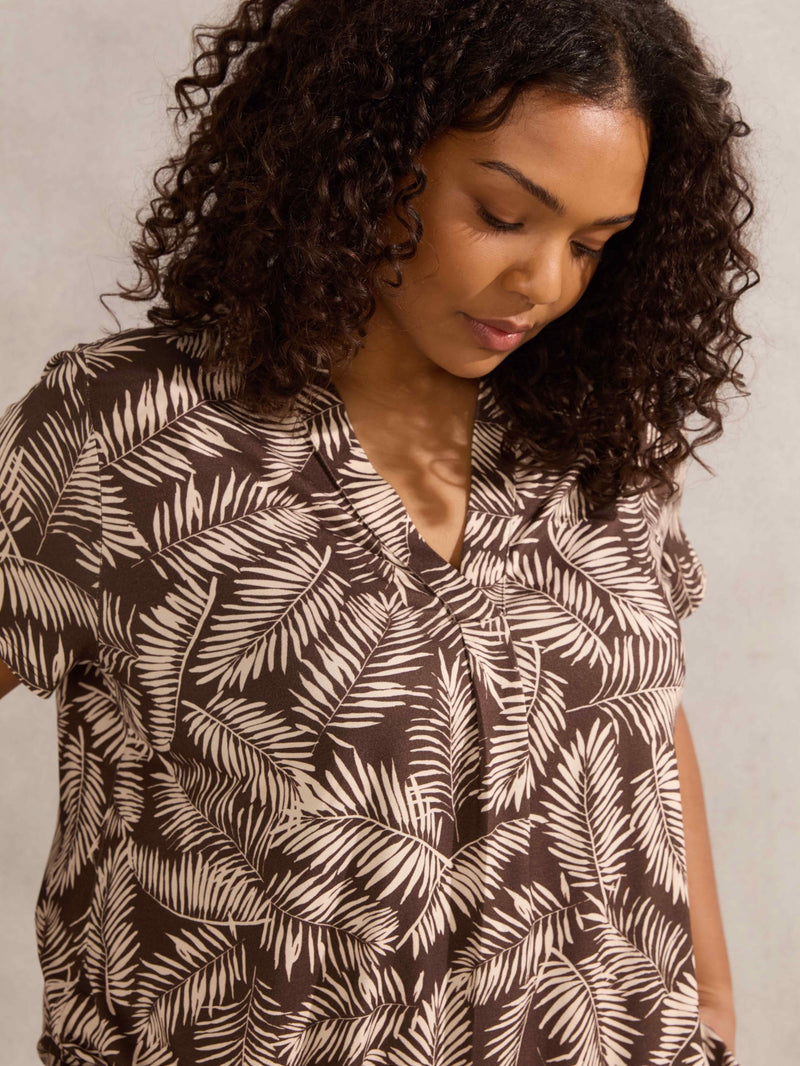 Chocolate Leaf Print Pleat Front Top