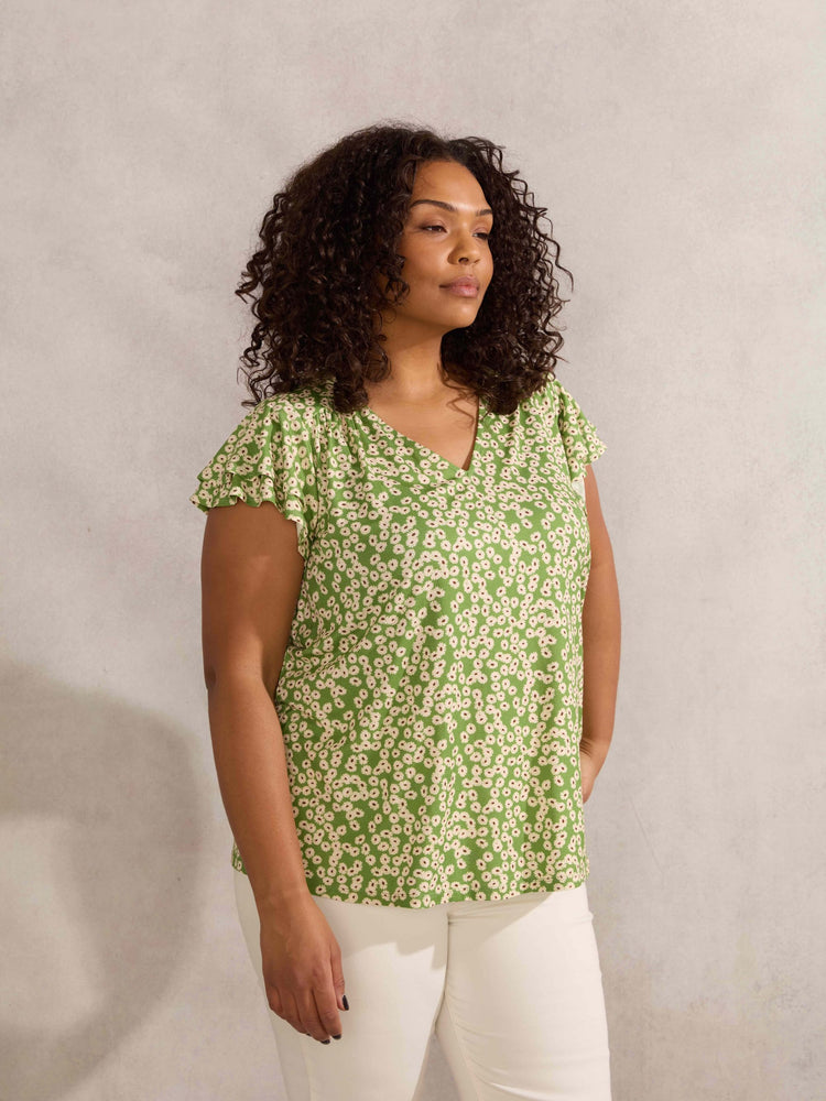 Green Ditsy Jersey Flutter Sleeve Top