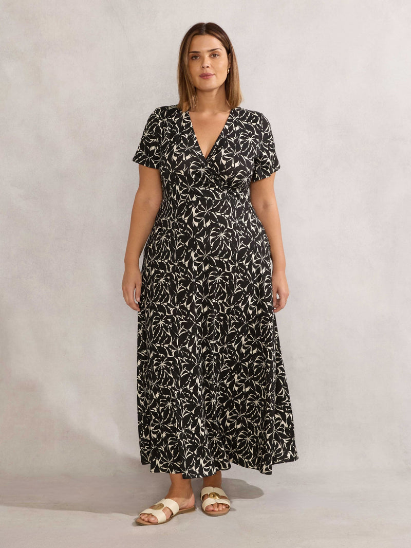 Mono Print Short Sleeve Maxi Wrap Dress
