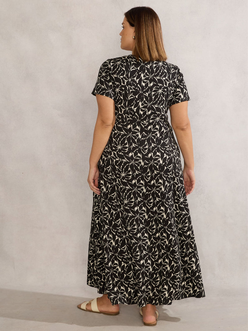 Mono Print Short Sleeve Maxi Wrap Dress