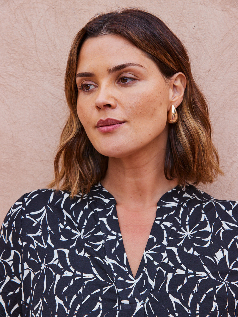 Black Mono Print Pleat Front Nehru Collar Top