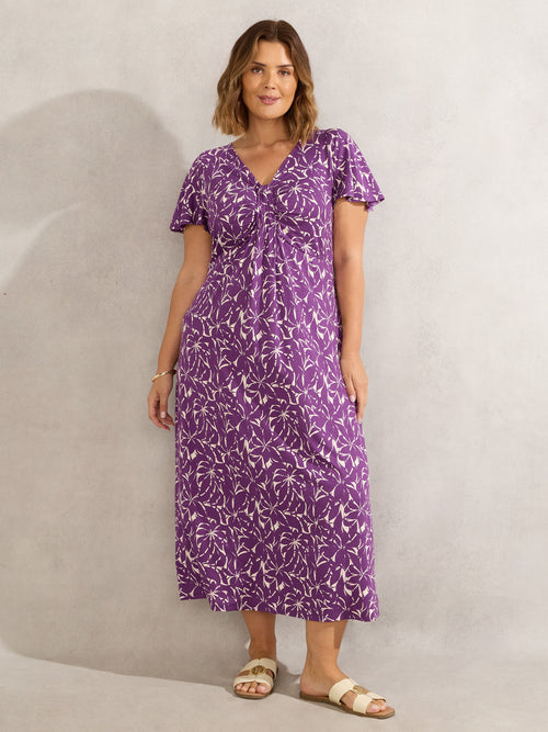 Purple Leaf Print Pleat Front Midi Dress