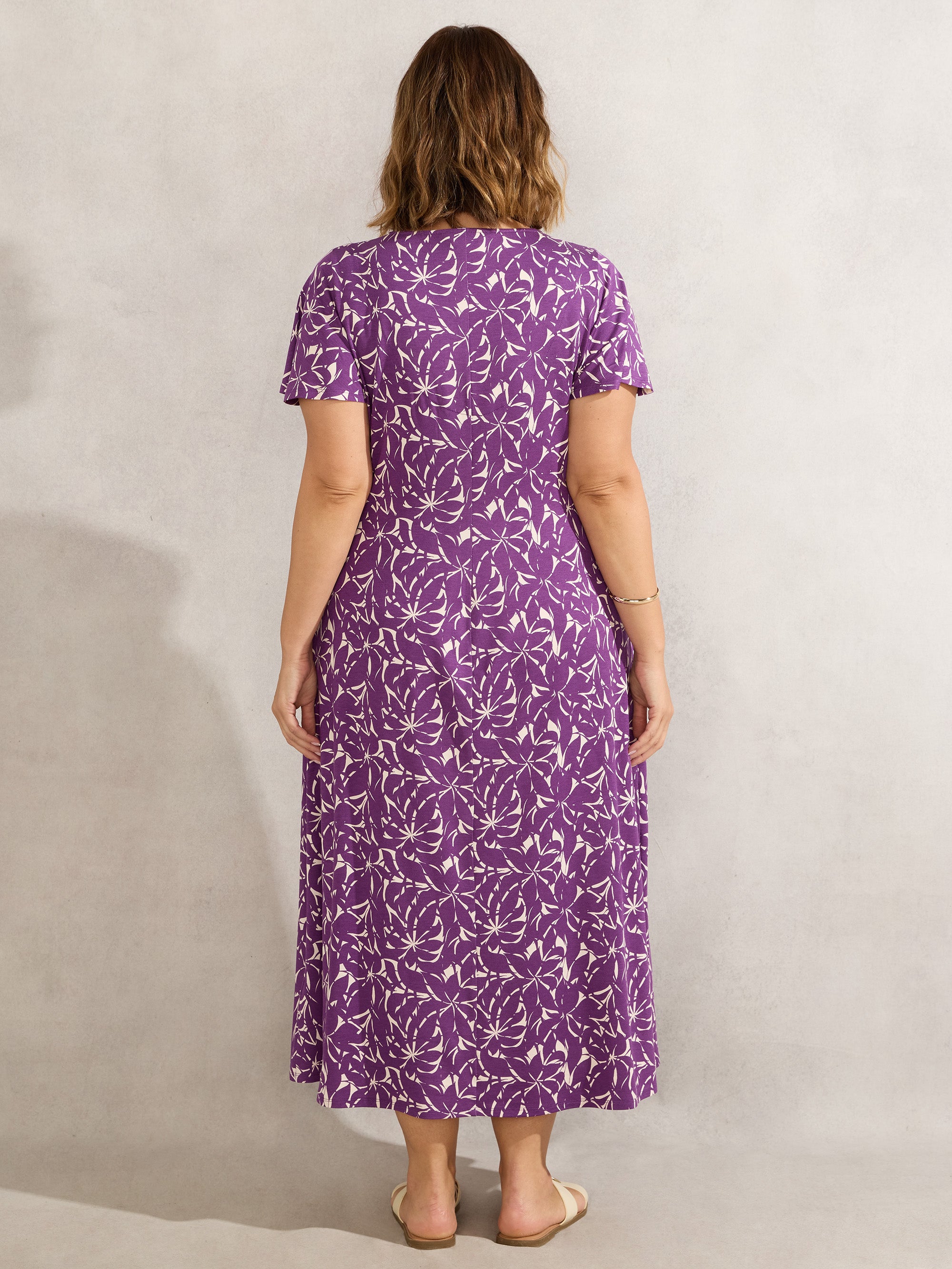 Purple Leaf Print Pleat Front Midi Dress