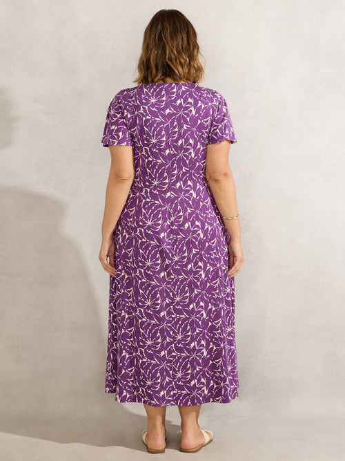Purple Leaf Print Pleat Front Midi Dress