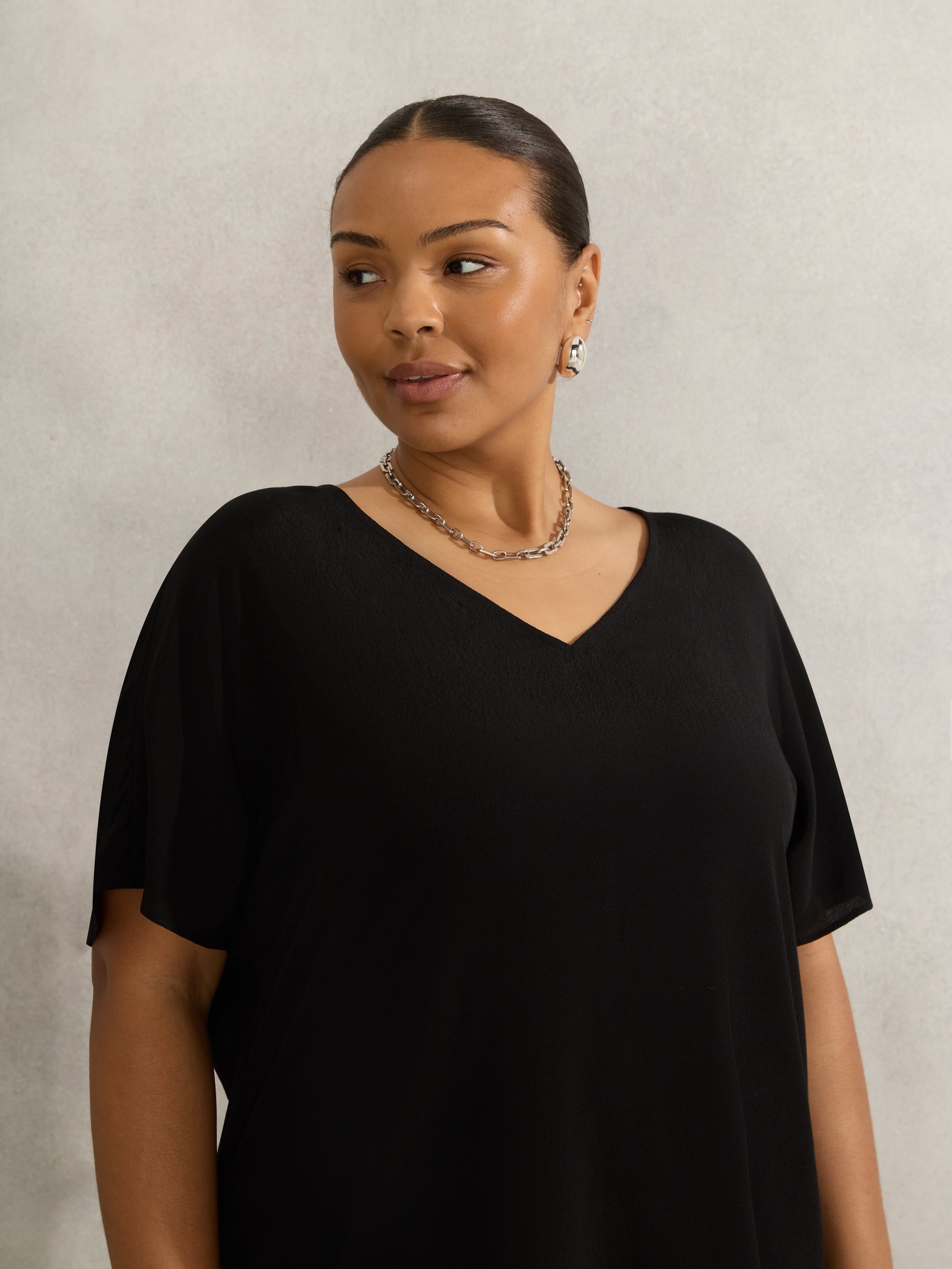 Black Woven V Neck Side Split Tunic