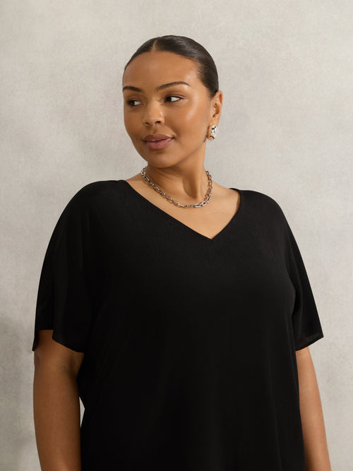 Black Woven V Neck Side Split Tunic