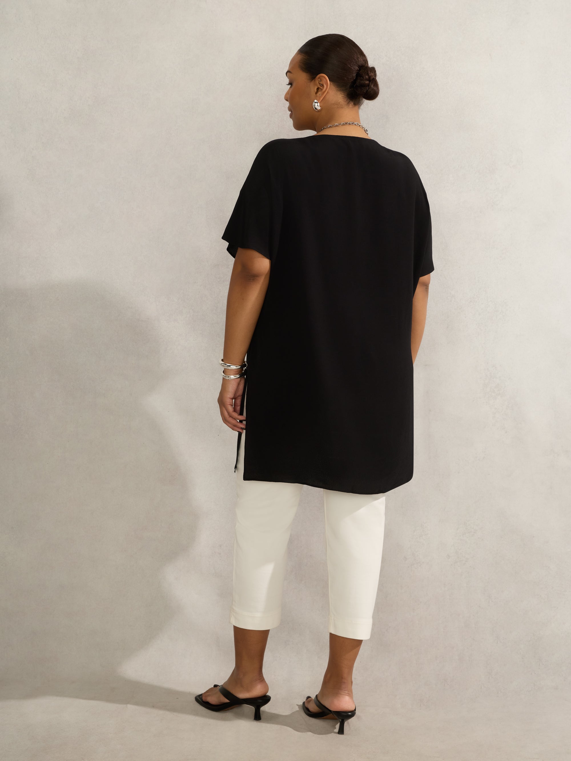 Black Woven V Neck Side Split Tunic