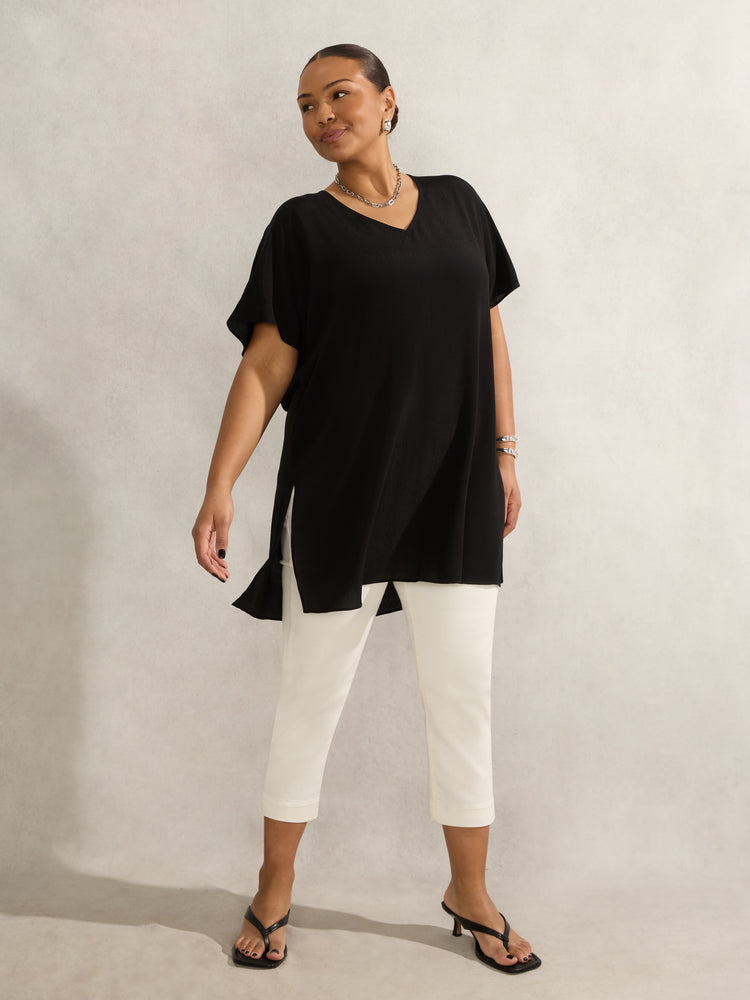 Black Woven V Neck Side Split Tunic