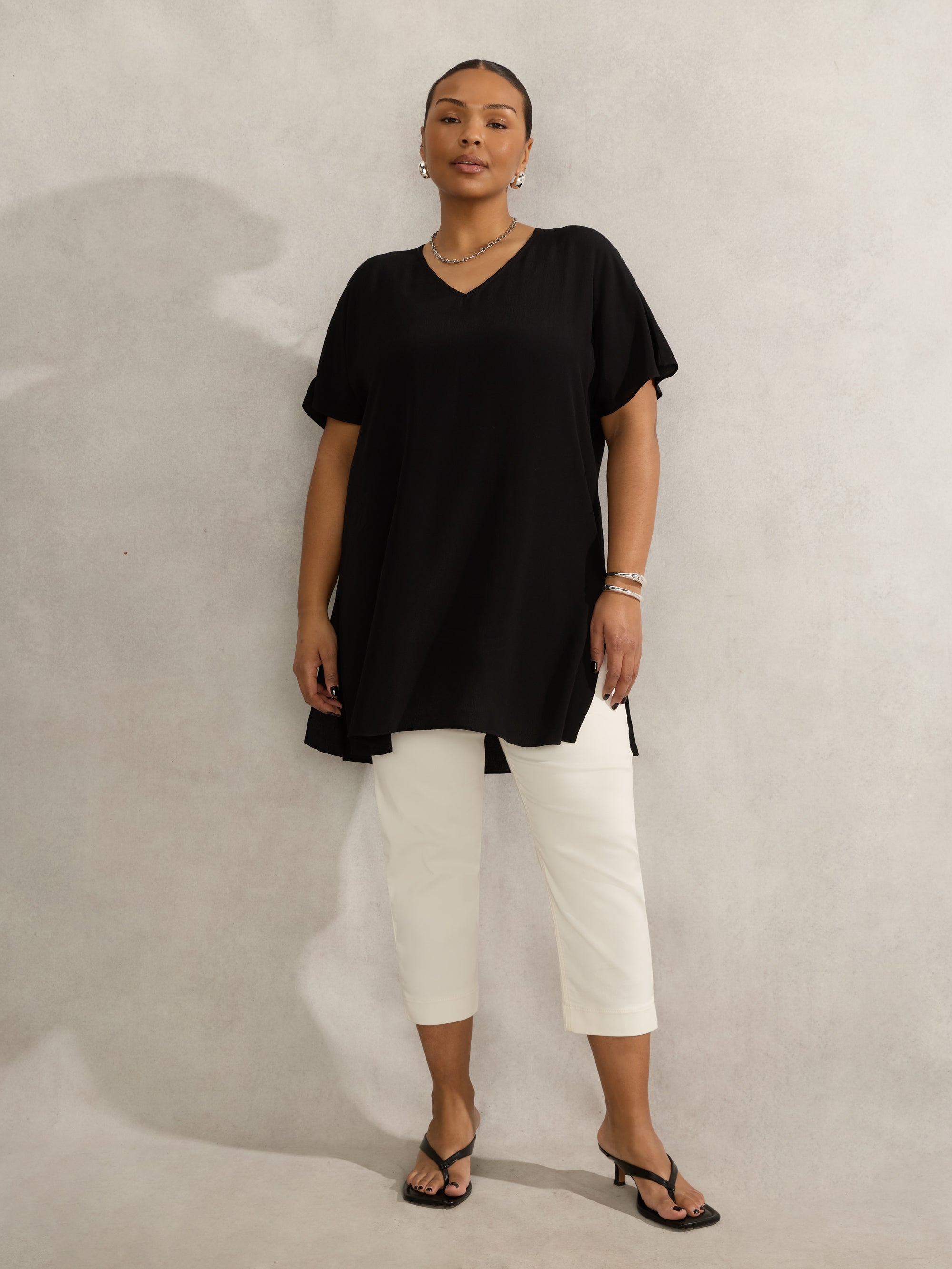 Black Woven V Neck Side Split Tunic