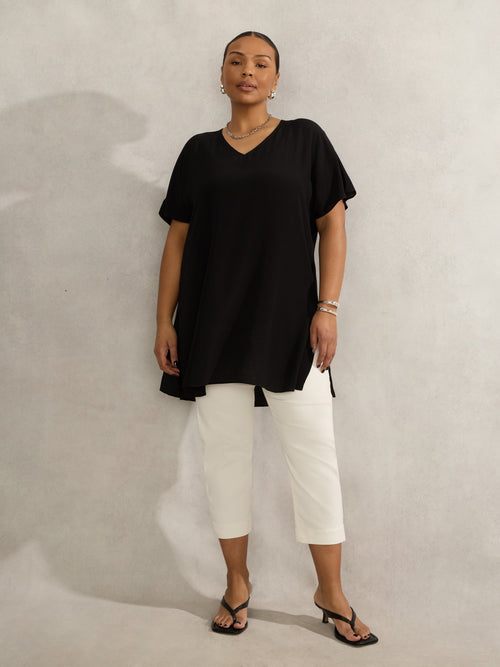 Black Woven V Neck Side Split Tunic