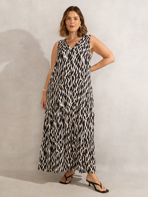 Mono Print V Neck Maxi Dress