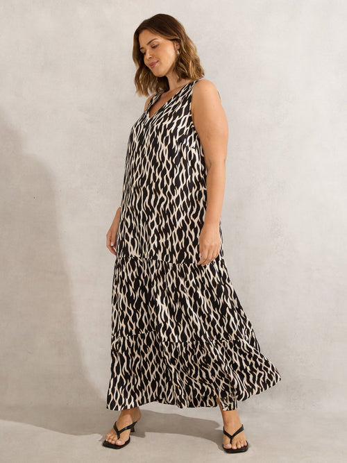 Mono Print V Neck Maxi Dress