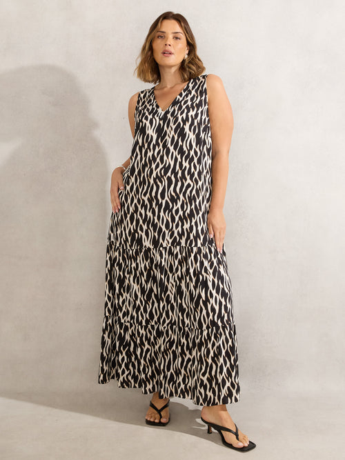 Mono Print V Neck Maxi Dress