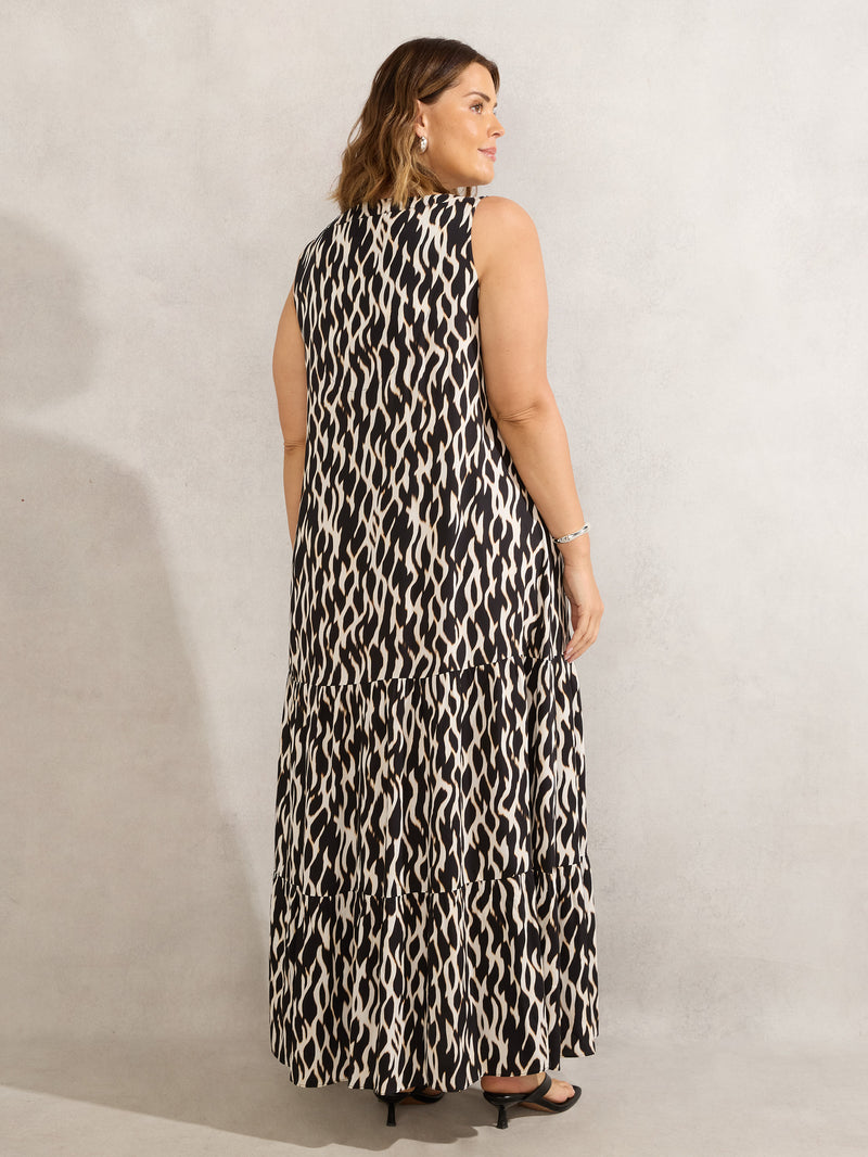 Mono Print V Neck Maxi Dress