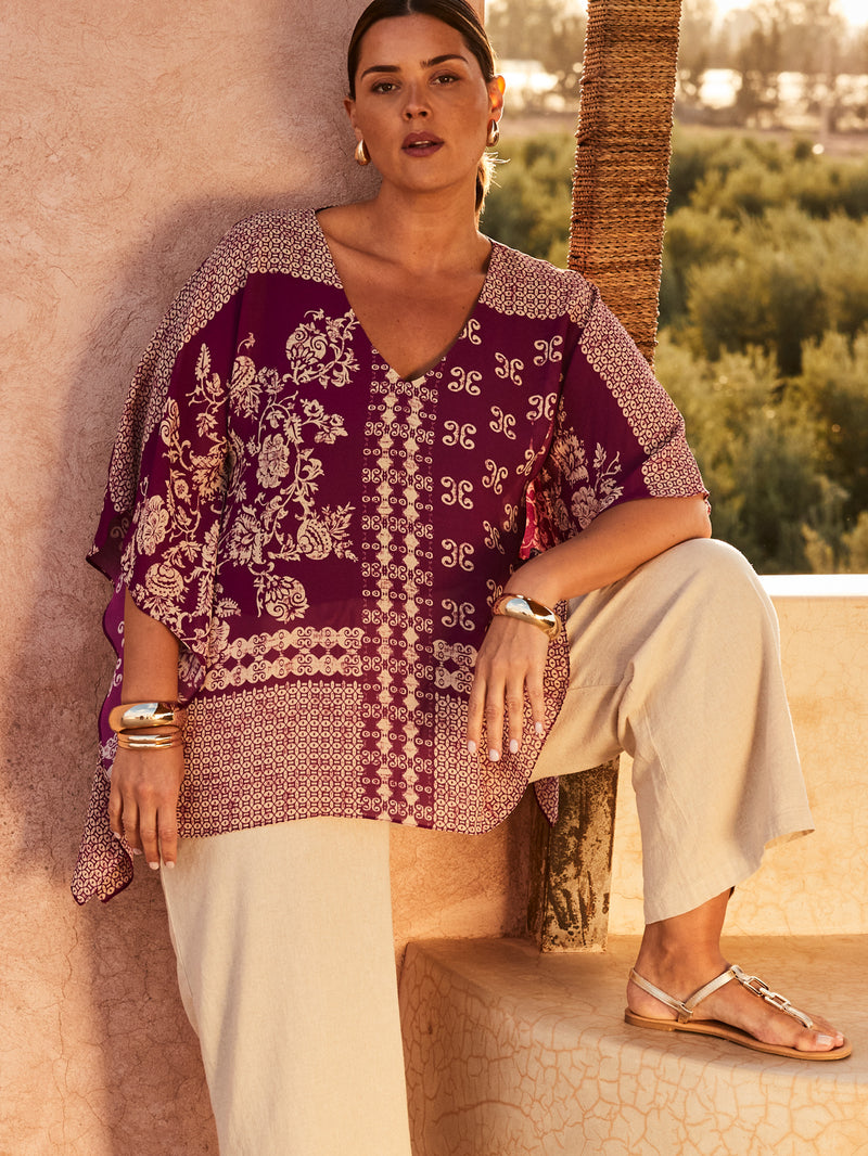 Magenta Bandana Print Chiffon V Neck Top