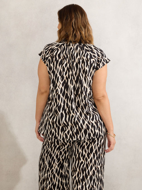 Mono Print Short Sleeve Tie Neck Blouse