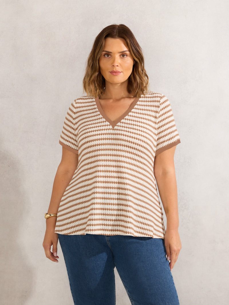 Contrast Stripe Crochet Top With Rib Trim