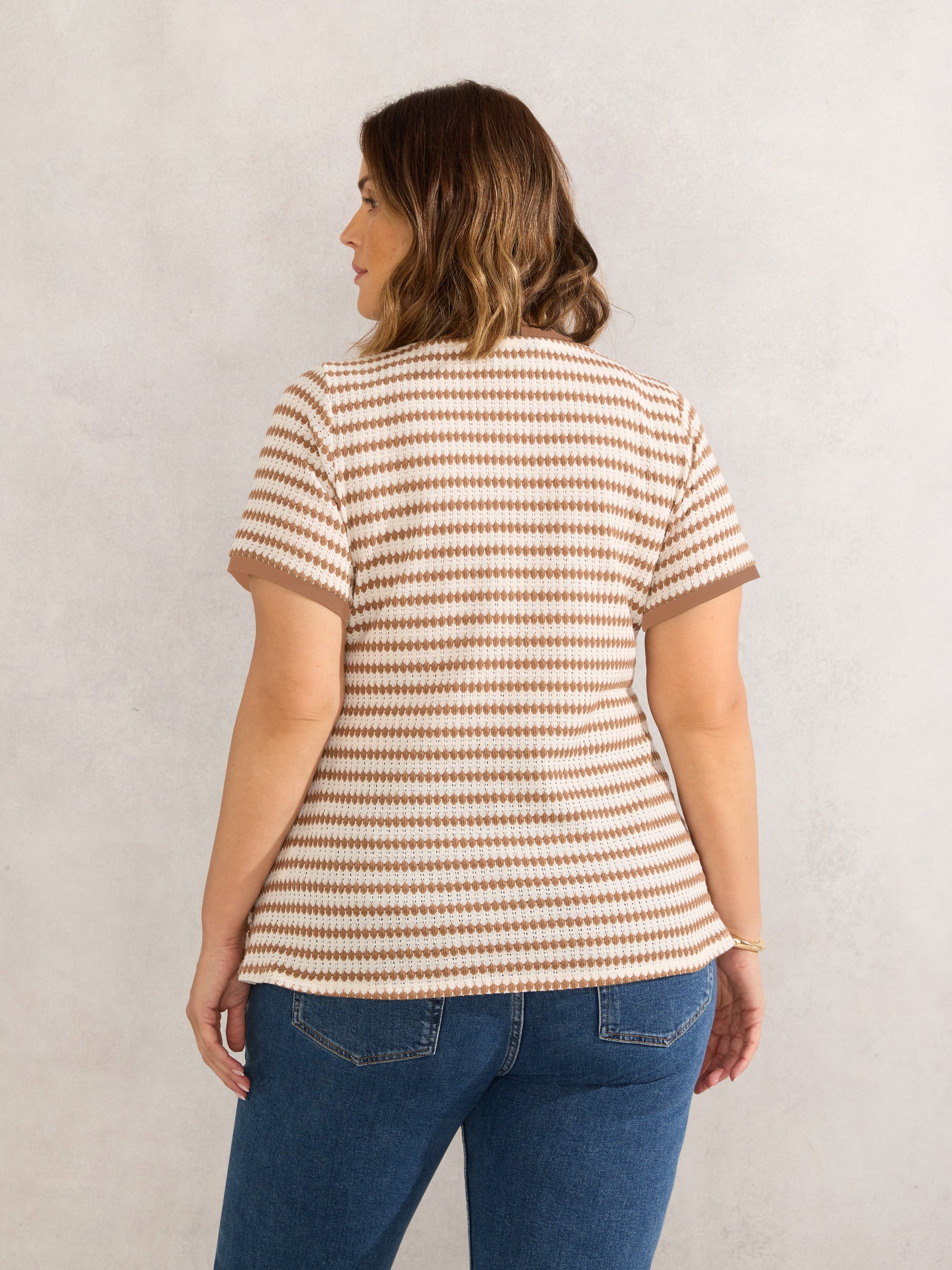 Contrast Stripe Crochet Top With Rib Trim