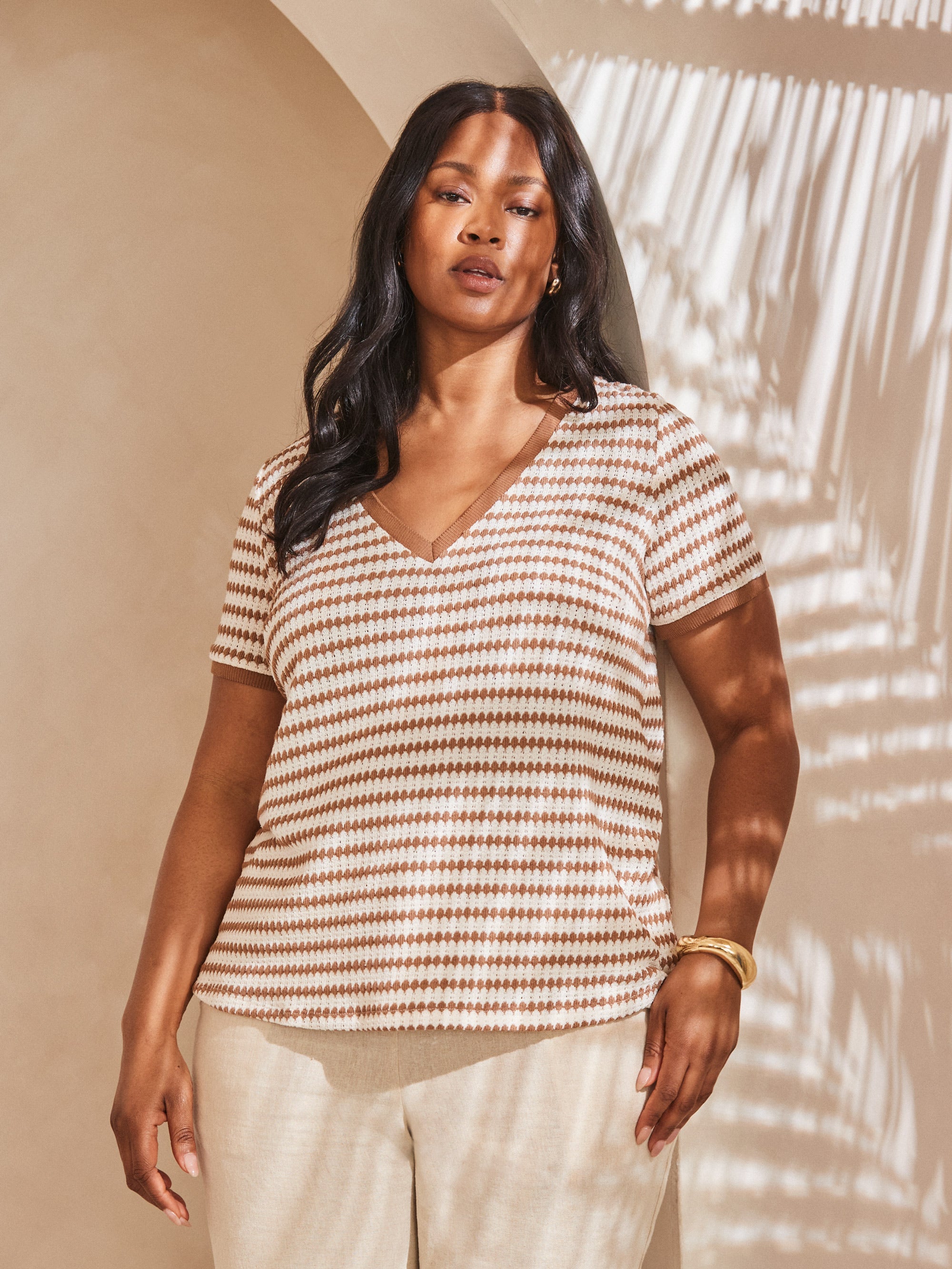 Contrast Stripe Crochet Top With Rib Trim