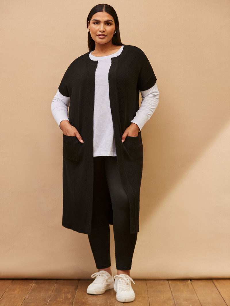 Black Ribbed Neck Longline Cardigan